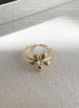 日韩小清新花朵戒指女小众设计锆石食指戒简约时尚高级感开口