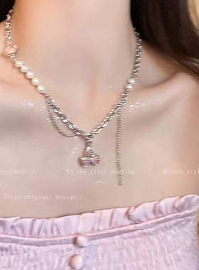 樱桃少女~珍珠金属拼接樱桃项链女甜酷风辣妹锁骨链轻奢小众配饰