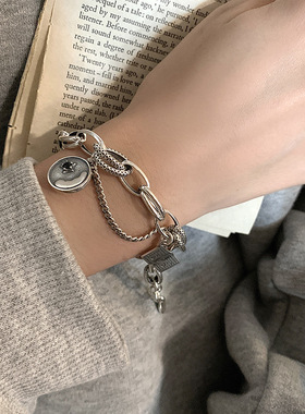 925纯银手链女韩版多元素ins复古美元吊牌时尚混搭轻复古奢华
