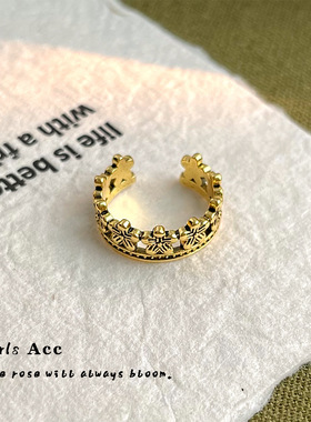 复古抹黑做旧花朵戒指小众设计中古风食指戒可调节个性高级感