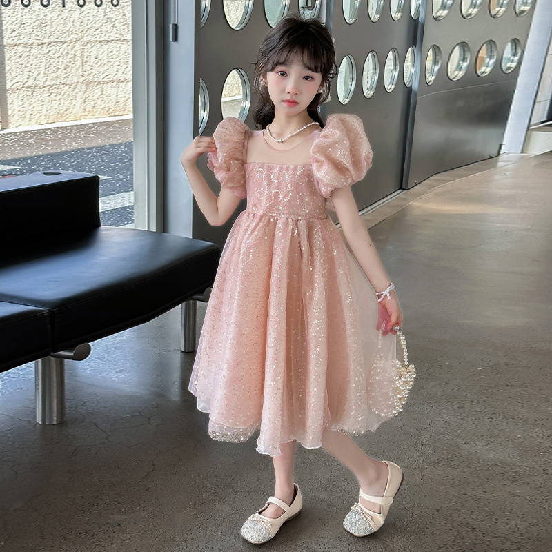 女童连衣裙夏季高级感2024新款洋气爆款亮片薄款泡泡袖儿童公主裙-图1