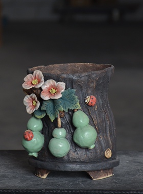 复古手工陶瓷白狐花盆立体花朵
