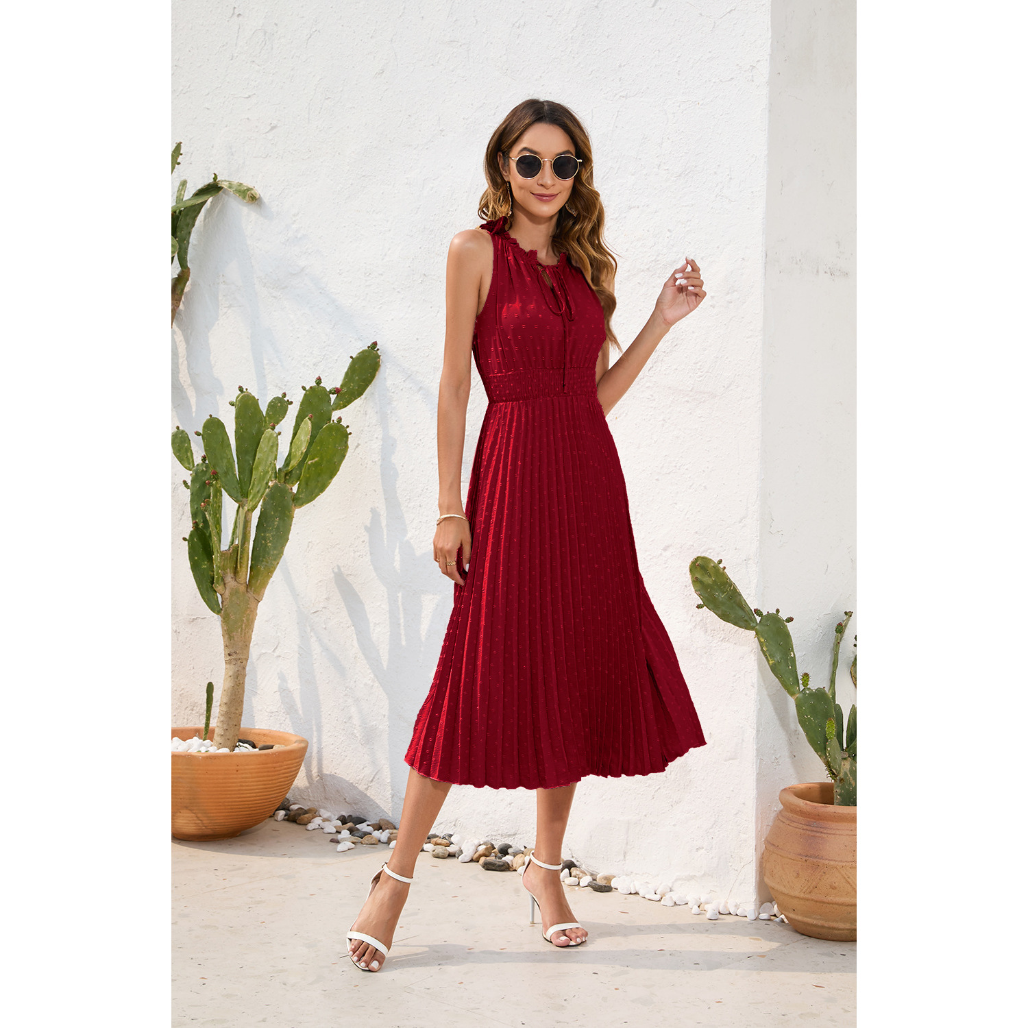 Lace up pleated fur ball summer casual vacation dress高腰裙-图3