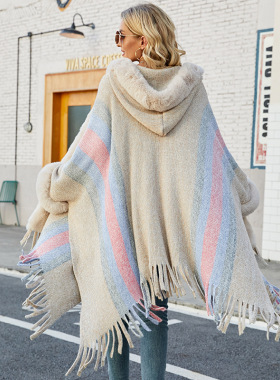 女装连帽斗篷秋冬条纹织流苏披肩外套hooded cape shawl coat