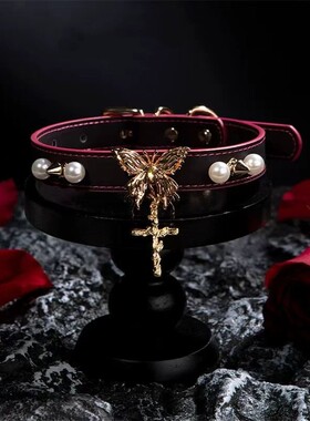 Aura Collar手作蝴蝶铆钉十字架挂坠女颈带真皮choker项圈牵引绳