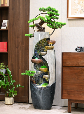 新中式禅意松树循环流水假山摆件