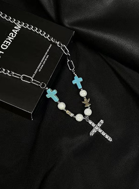 欧美松石镶钻十字架男钛钢项链小众设计感高级ins嘻哈情侣女链条