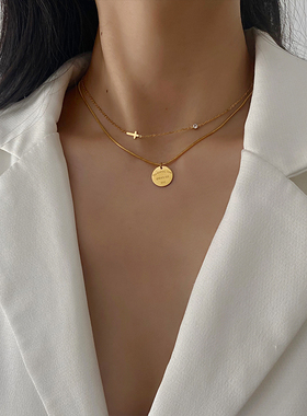 双层冷淡风欧美圆牌字母锁骨链