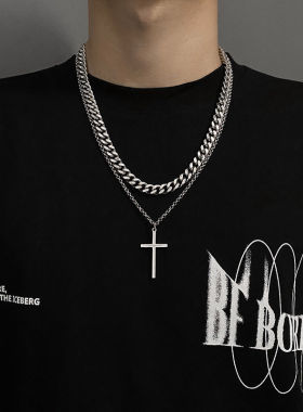 欧美钛钢配饰嘻哈双层叠戴十字架项链男ins潮小众女设计感古巴链