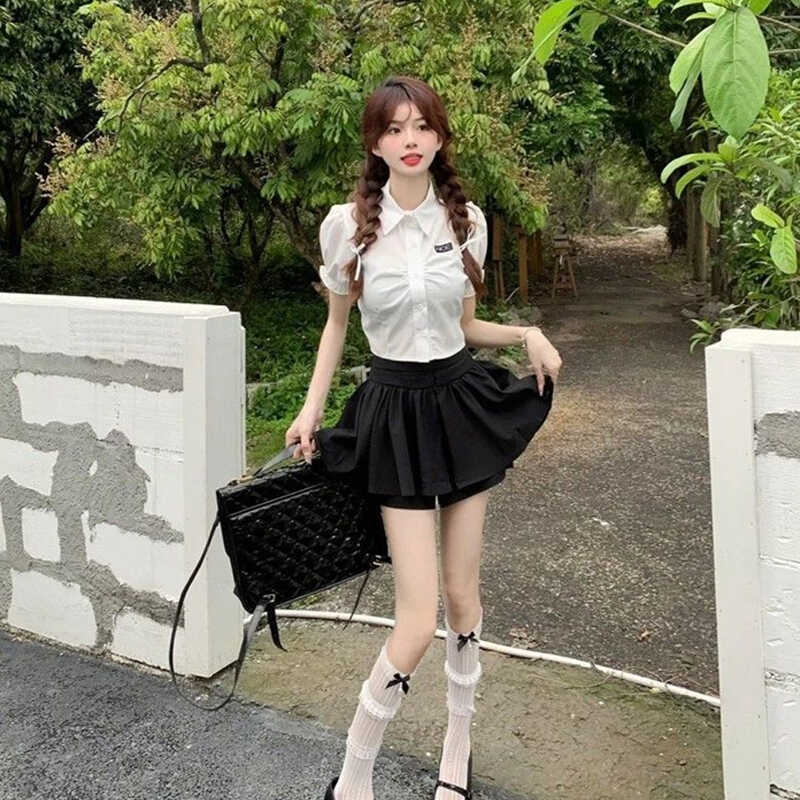 学院风jk制服辣妹收腰设计感御姐风短袖衬衫夏女修身显瘦白色上衣