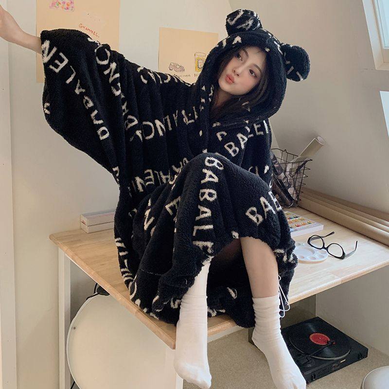 工厂批发连帽可爱大睡袍长毛绒秋冬简约宽松连体睡裙可外穿家居服,淘宝优惠券,粉丝福利购,淘宝优惠卷