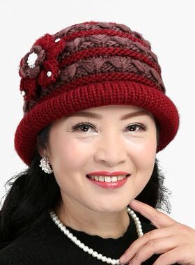 送婆婆】秋冬款老人女帽盆帽中老年妈妈毛线帽加厚保暖老太太帽子