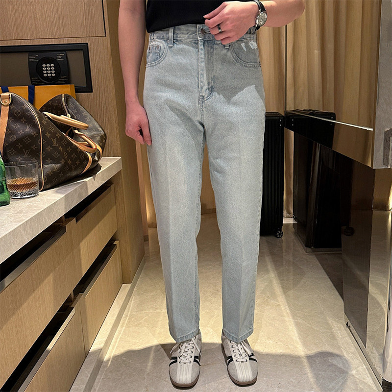 秋季复古水洗潮流蓝色裤子男九分裤时尚新款高级休闲牛仔裤男直筒,淘宝优惠券,粉丝福利购,淘宝优惠卷