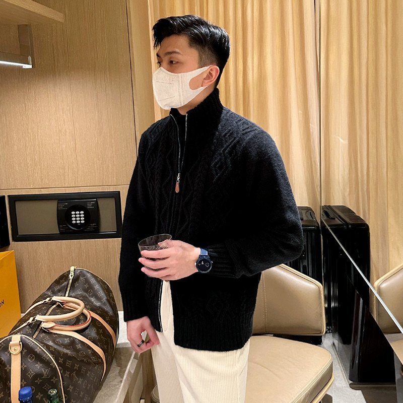 冬季加厚棒针麻花羊毛衫男款保暖外套英伦复古拉链开衫高领毛衣男