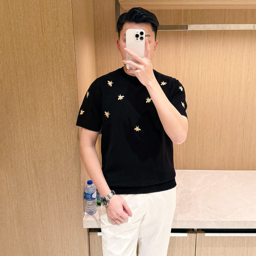 yomobrother夏季新款轻奢男装针织短袖男潮流黑色刺绣小蜜蜂t恤男 - 图2