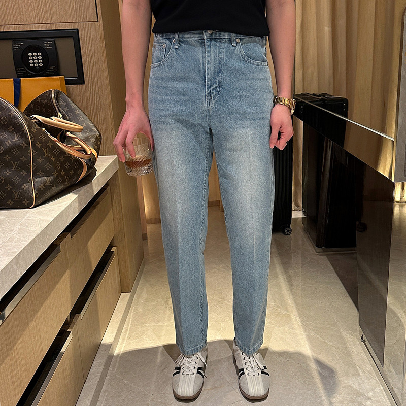 秋季复古水洗潮流蓝色裤子男九分裤时尚新款高级休闲牛仔裤男直筒,淘宝优惠券,粉丝福利购,淘宝优惠卷