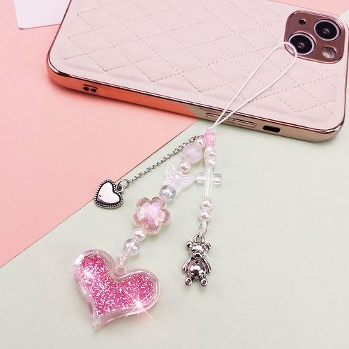 手机挂绳女款闪粉爱心挂件网红同款ins卡通小熊挂饰短款钥匙挂坠时尚潮流挂链 - 图3