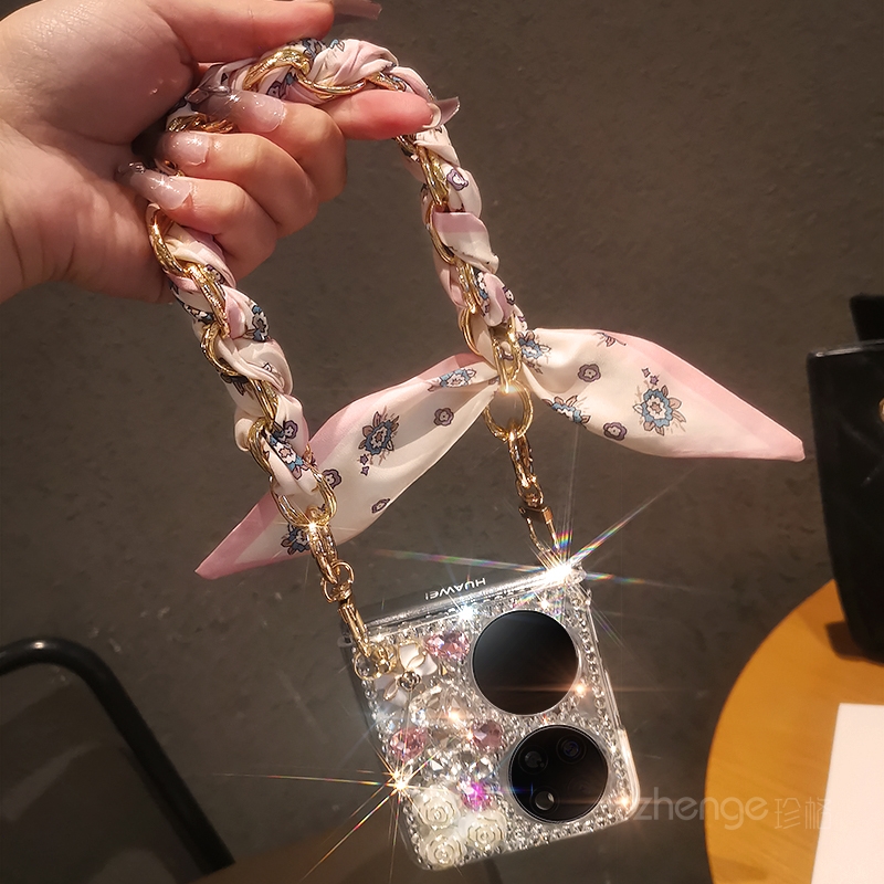 丝巾挂链手机挂绳水钻宝石手机壳女款适用华为P50PocketS折叠屏手机真机开模P60Pocket2代手机保护套全包防摔 - 图3