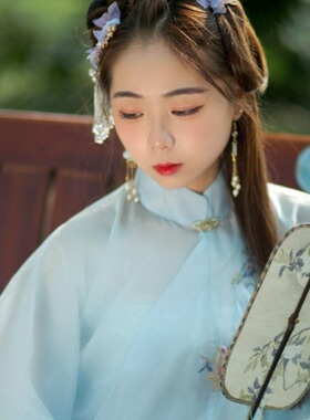中国风小清新梨花印花紫竹长柄流苏可折叠腰扇卷曲折扇便携挂腰