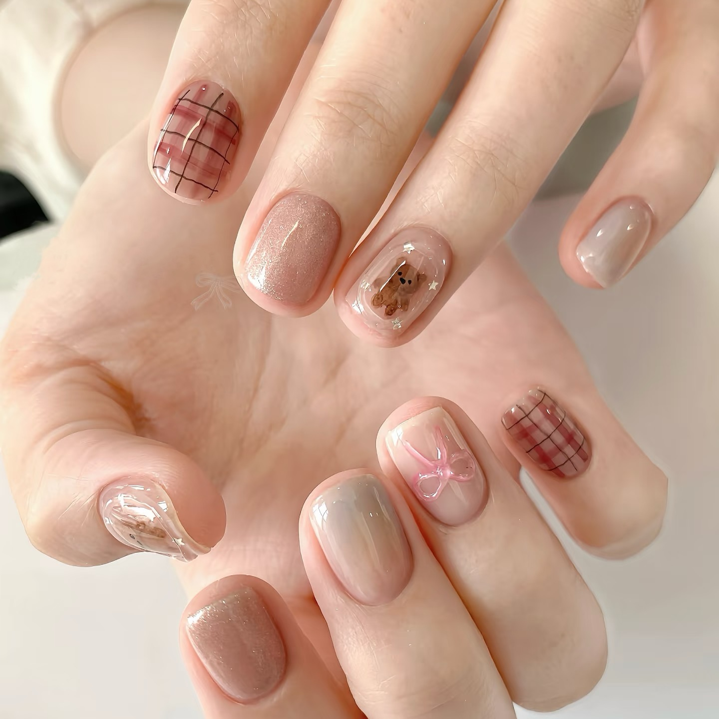 短款可爱纯手工穿戴甲韩系手绘ins小熊美甲童趣百搭高级感指甲贴 - 图0