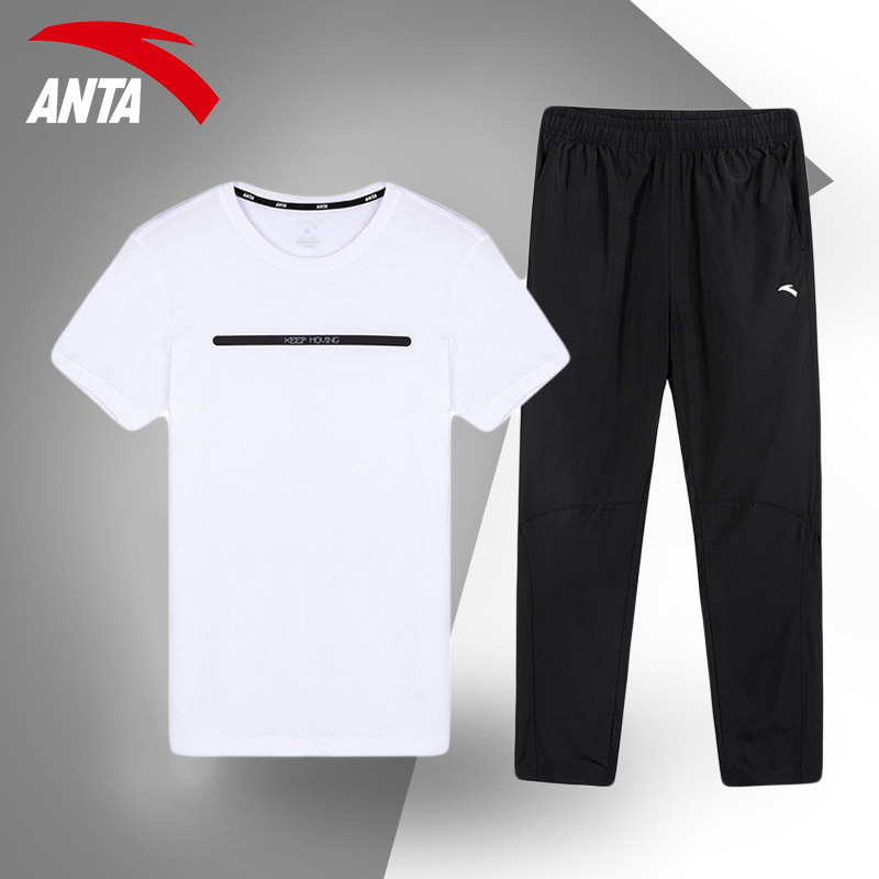 Anta Sports Set Men's Summer Short Sleeve Long Pants Two Piece Official Website Flagship Leisure Running Fitness Sportswear