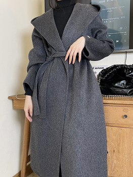 Lazy bathrobe cape style hooded double-sided velvet coat for women high-end high-count Australian wool mid-length woolen coat woolen lace-up