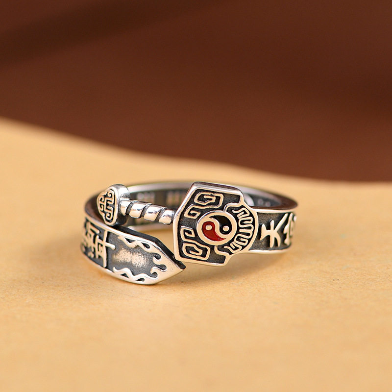 S999 sterling silver original Taoist vintage retro rainy ear heavenly official blessing Big Dipper sword ring old open ring