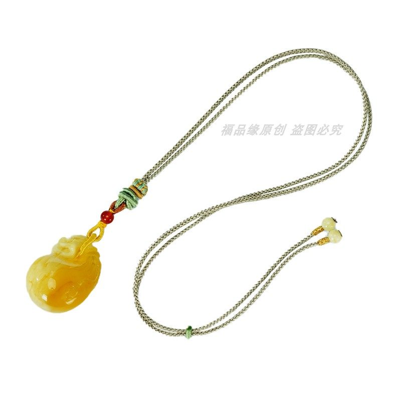 俄料天然蜜蜡钱袋子吊坠鸡油黄白花精工雕刻毛衣链文玩挂坠配饰女,淘宝优惠券,粉丝福利购,淘宝优惠卷