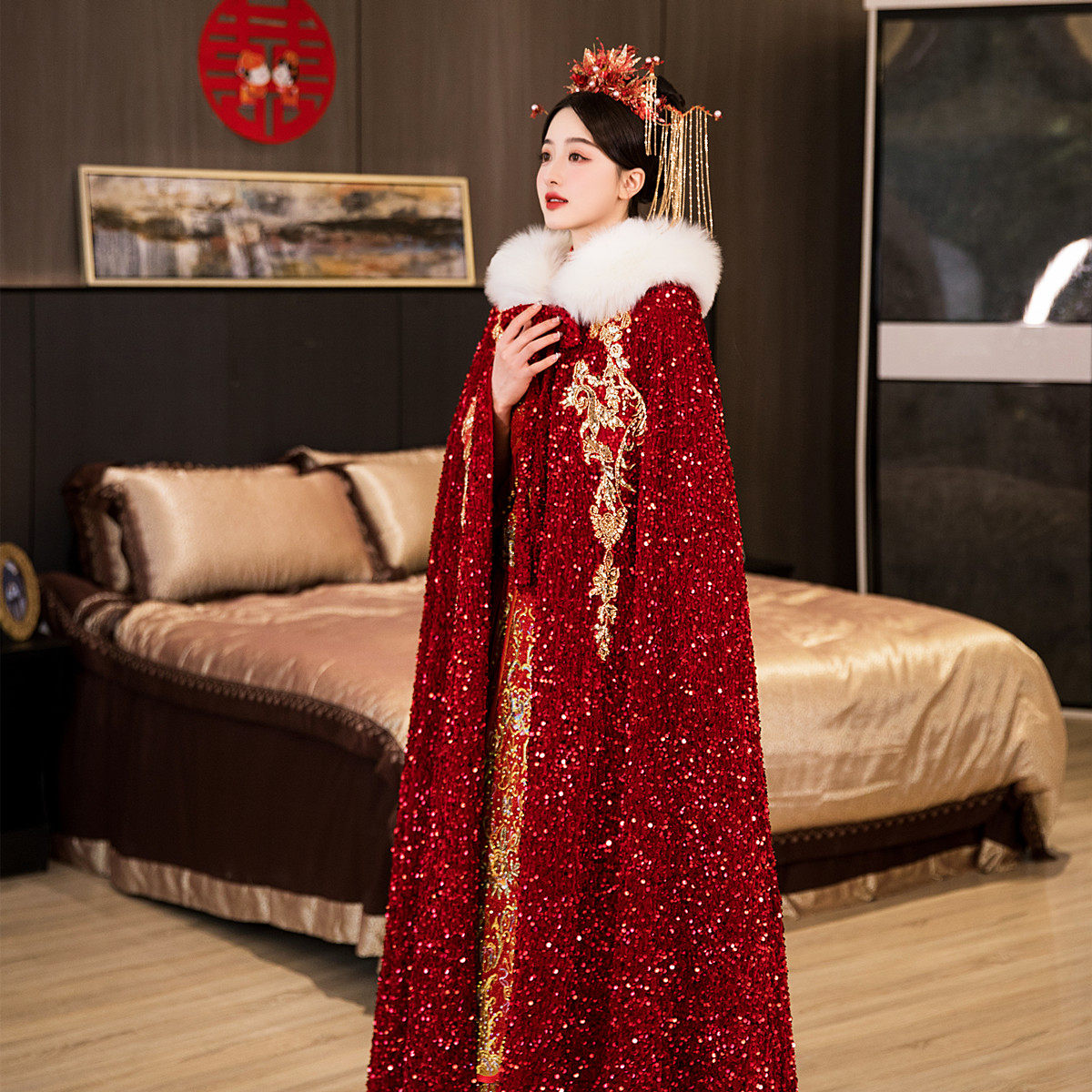 新娘秀禾亮片结婚加绒秋冬季披风 艳莲围巾/丝巾/披肩