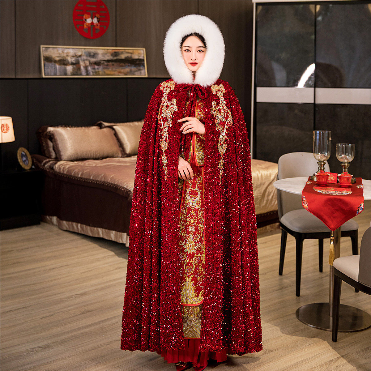 新娘秀禾亮片结婚加绒秋冬季披风 艳莲围巾/丝巾/披肩