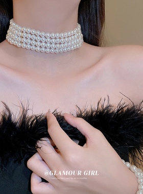 多层锁骨链白色珍珠choker脖子饰品复古法式颈链网红女新娘项链