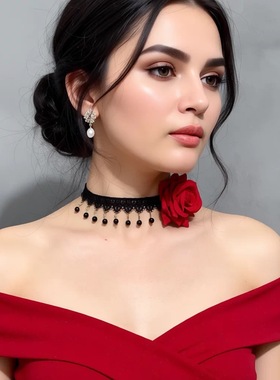 红色花朵丝绒情趣风脖子饰品颈带