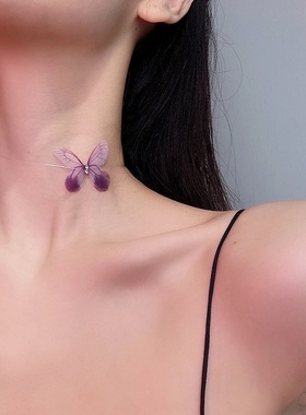 蓝色蝴蝶choker锁骨链脖子饰品颈带网红配饰个性气质超仙隐形项圈