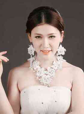 新娘红色蕾丝项链白色婚纱项圈锁骨链耳环吊坠新款脖子饰品二件套