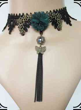 黑色蕾丝爱心民族风锁骨流苏项链