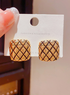 欧美棋盘格古铜金色耳环女轻奢潮小众高级设计感气质纯银针耳钉