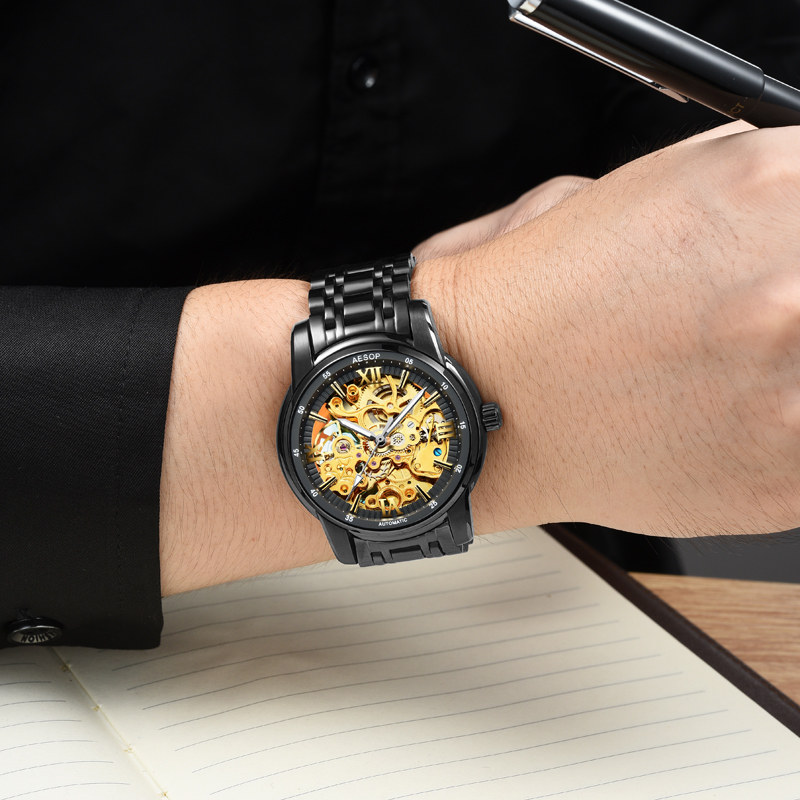 伊索正品全自动镂空夜光防水机械表 aesop利沃国产腕表