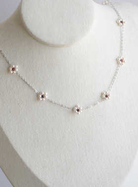 清新细链条一枝橘925银珍珠花朵