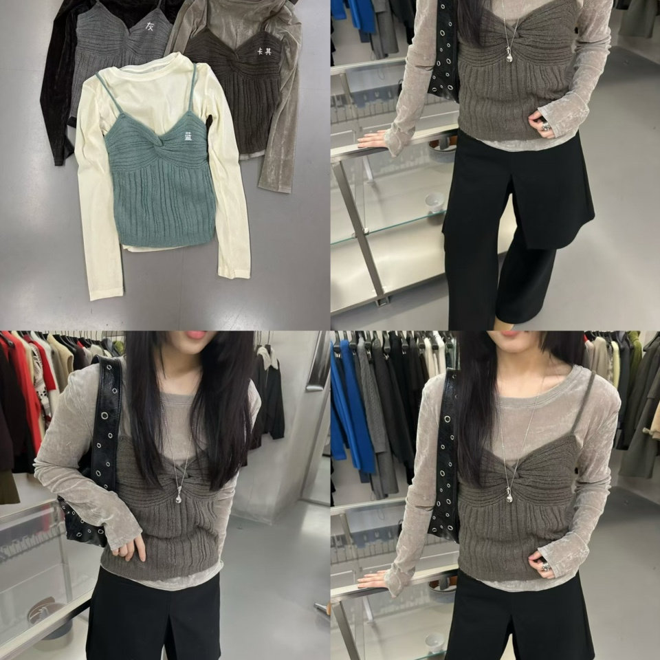 AT fashion韩系叠穿羊毛针织吊带两件套女25冬丝绒打底衫长袖T恤,淘宝优惠券,粉丝福利购,淘宝优惠卷