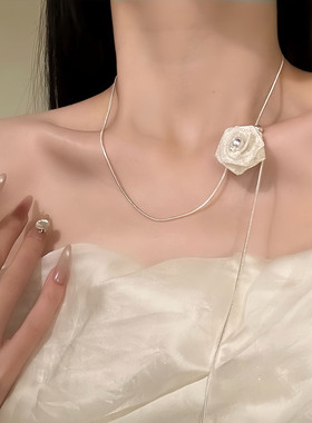超仙网纱玫瑰花朵抽拉式项链长款一字肩晚礼服配饰新欧美范choker