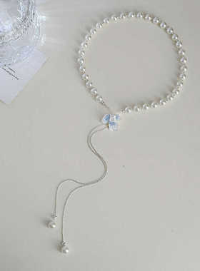 碎冰蓝蝴蝶珍珠项链配饰女小众设计感抽拉式流苏链配裙子2025新款