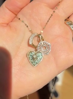 vintage中古绿色太阳花爱心项链女轻奢高级感复古做旧民族风吊坠