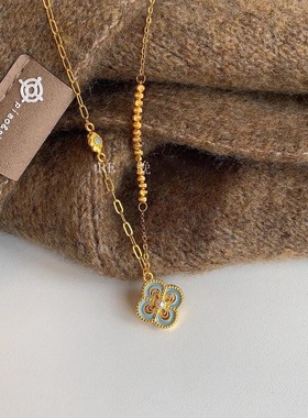 vintage中古风绿松石四叶花项链