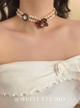 美拉德风豹纹花朵珍珠锁骨链
