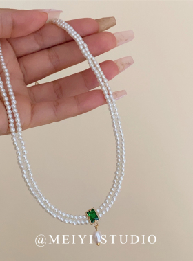 爱丁堡梦境~法式公摊费双层珍珠祖母绿项链 优雅叠戴复古小众颈链