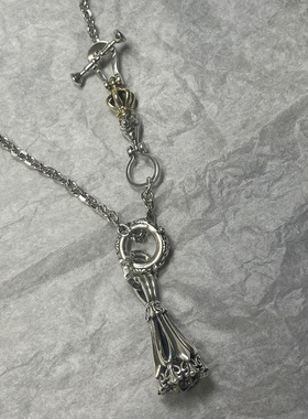 S925潮牌复古鸢尾铃铛吊坠项链男女情侣个性配饰小丑皇冠毛衣链