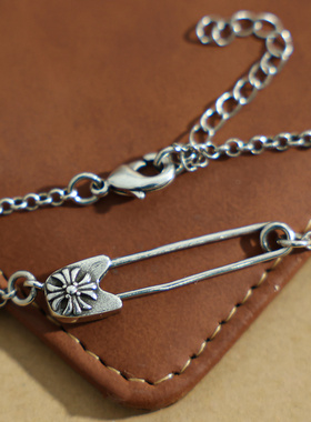 S925不掉色做旧别针项链女款回形针十字架锁骨链情侣项链