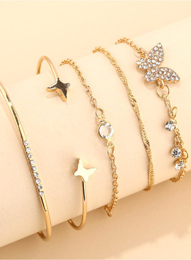 跨境手镯波西米亚手链 简约蝴蝶开口镶钻水晶5件套手饰手镯女