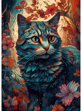 鲜花丛中的猫咪数字油画填充填色油彩画欧式手绘画动物