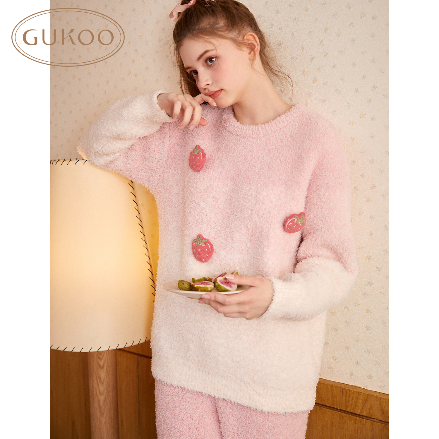 Gukoo/果壳睡衣女冬季立体草莓半边绒睡裙新款加绒女家居服套装D